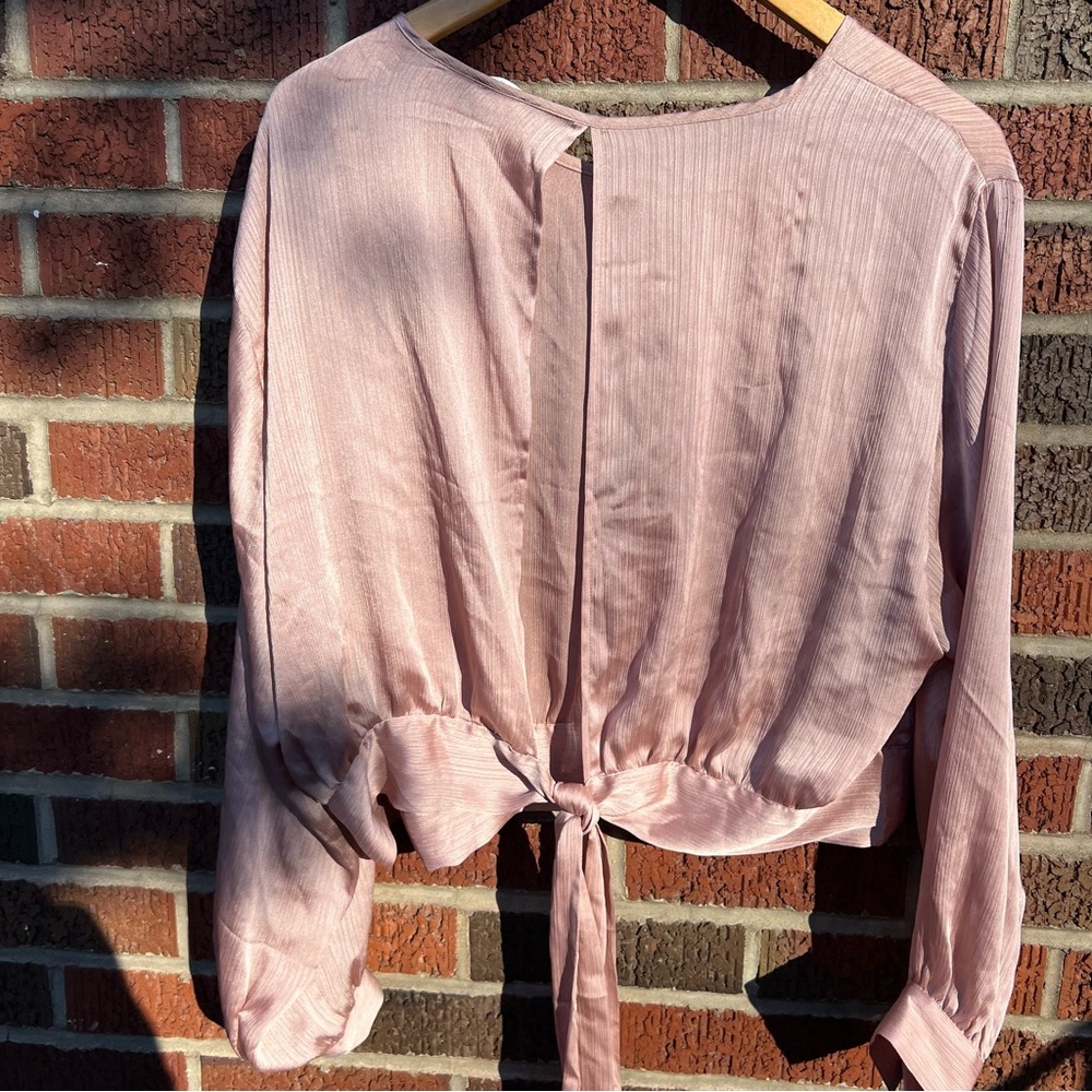 H&M Dusty Pink Silk Like Open Back Tied Long Sleeve Cropped Blouse - Picture 6 of 6